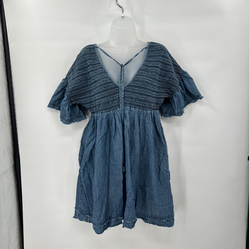 Fairycore Chambray Smocked Mini Dress XS Blue Peasant Cottagecore Boho